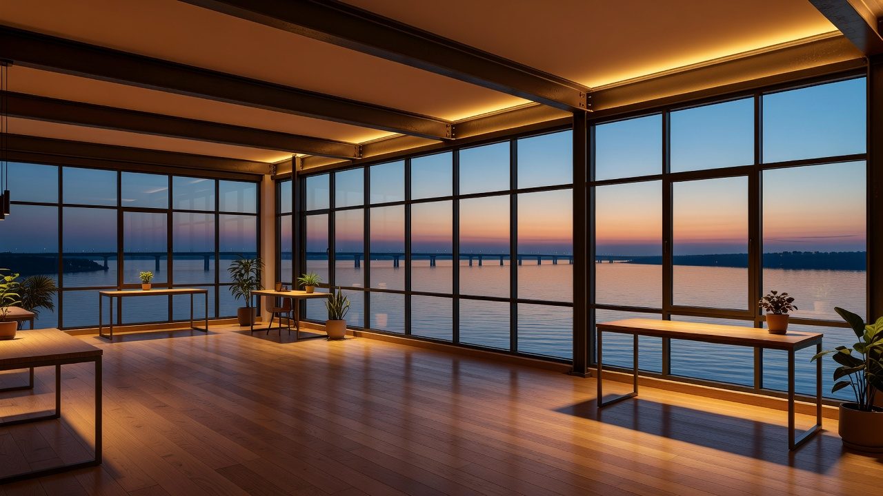 Illustration of a finished open-plan upper floor with oak floors, steel beams and windows overlooking a river at dusk.
